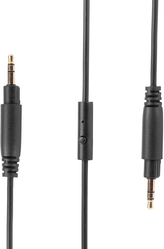Zwarte audiokabel met een 3,5 mm jackaansluiting aan beide uiteinden en een geïntegreerde afstandsbediening.