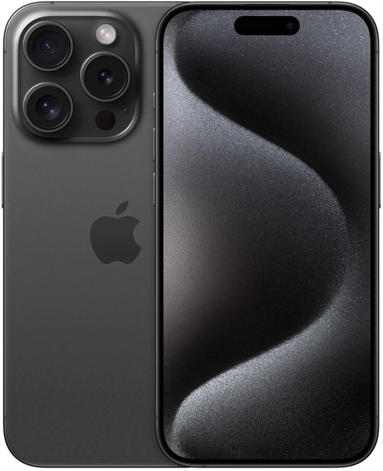 iPhone 15 Pro in zwart titanium, getoond vanaf de achterkant met het Apple-logo en vanaf de voorkant met scherm.