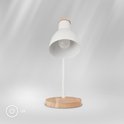 Witte bureaulamp met houten voet, uitgeschakeld met icoon.