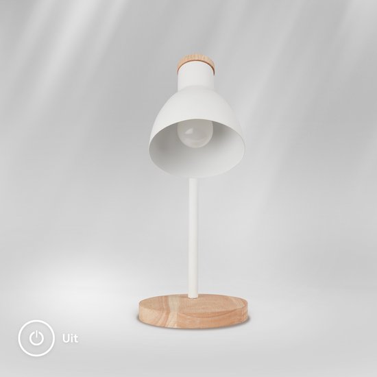 Witte bureaulamp met houten voet, uitgeschakeld met icoon.