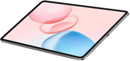 Zilvergrijze HONOR-tablet vanuit een hoek, met zichtbare luidsprekers en oplaadpoort aan de zijkant.