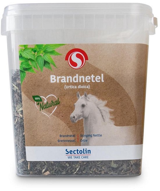 Transparante emmer Sectolin Brandnetel met afbeelding van een wit paard en '100% Natural' label.