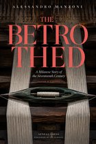 Boekomslag: 'The Betrothed' van Alessandro Manzoni met een houten weefspoel en draden op een antiek weefgetouw.