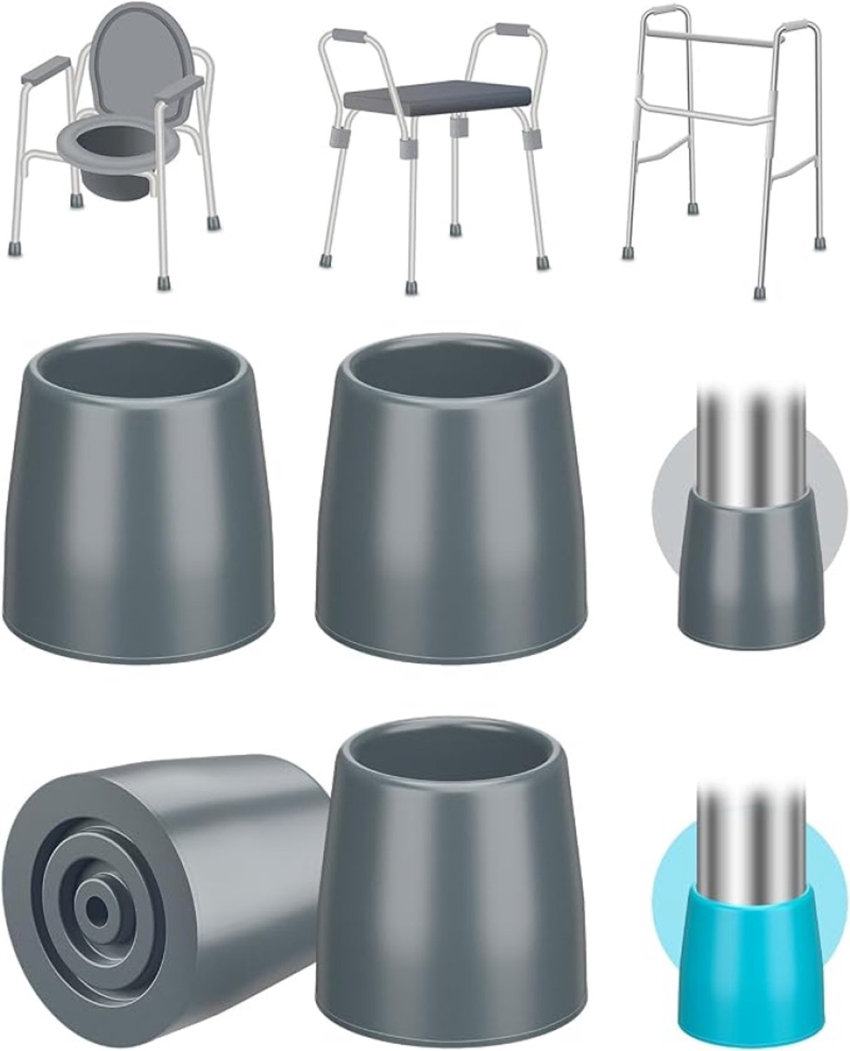 Arvion Stoeldoppen Set van 4 – 25 mm Rubberen Vervangdoppen voor Rollators, Krukken, Douchestoelen en Wandelstokken – Antislip, Grijs