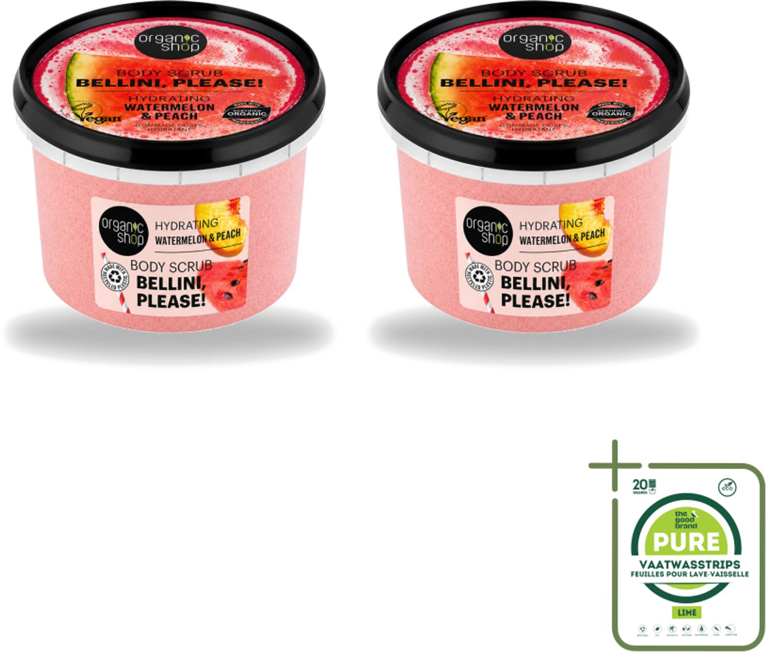2 x Organic Shop - Body Scrub Watermelon & Peach - Hydratatie en Frisheid - 250 ml - Grootverpakking - Vaatwasstrips - Bodyscrub - Hydraterende Scrub - Exfoliatie - Zachte Exfoliatie - Watermeloen Scrub