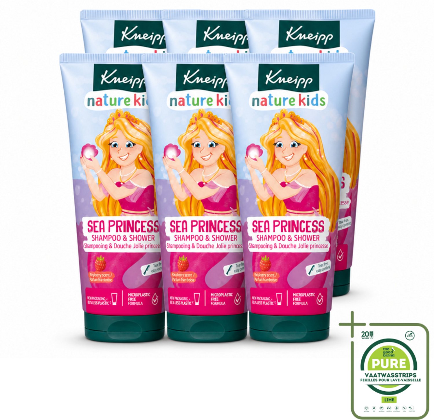 6 x Kneipp - Shampoo & Douche - Prinsessen - 200 ml - Grootverpakking - Vaatwasstrips - Kinderdouchegel - Kinderbad - Frambozengeur - Natuurlijke Douchegel - Kinderhuid