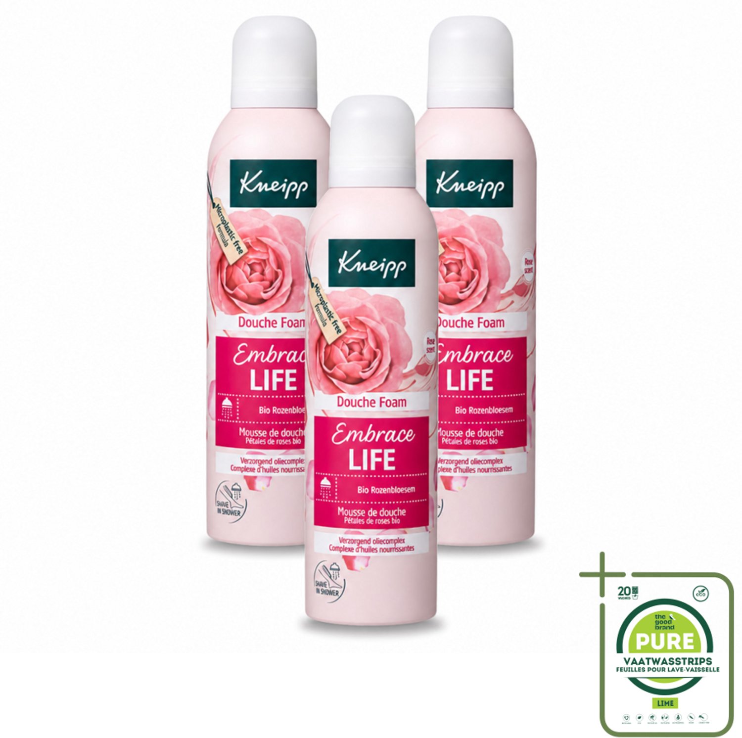 3 x Kneipp - Douche schuim - Embrace Life - Anti‑Aging verzorging - 200 ml - Grootverpakking - Vaatwasstrips - Douche Foam - Roze Schuim - Vrouwelijke Geur - Hydratatie - Huid Verzorging