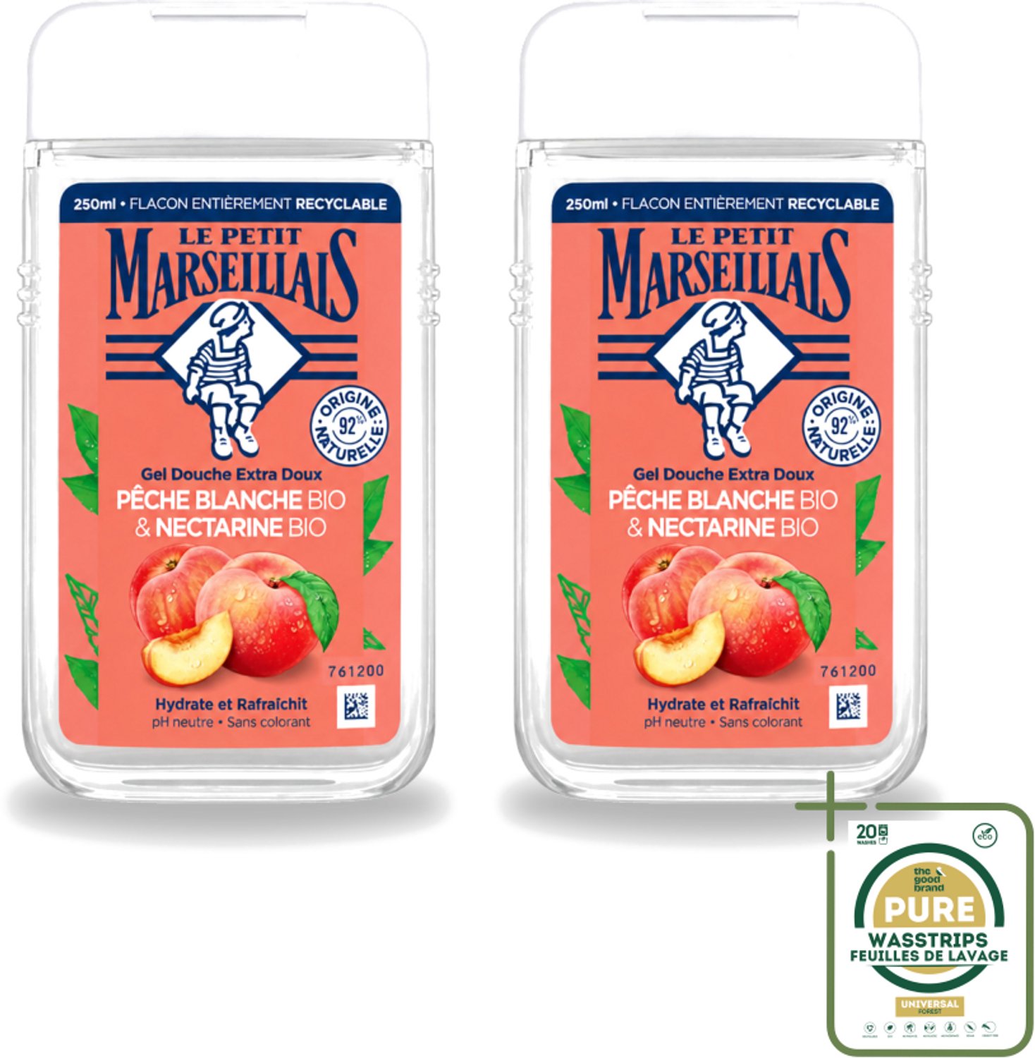 2 x Le Petit Marseillais – Douchegel – Pêche Blanche & Nectarine Bio – 250 ml - Wasstrips - Douchegel - Biologische Douchegel - Perzik En Nectarine - Fruitige Geur - Zachte Reiniging