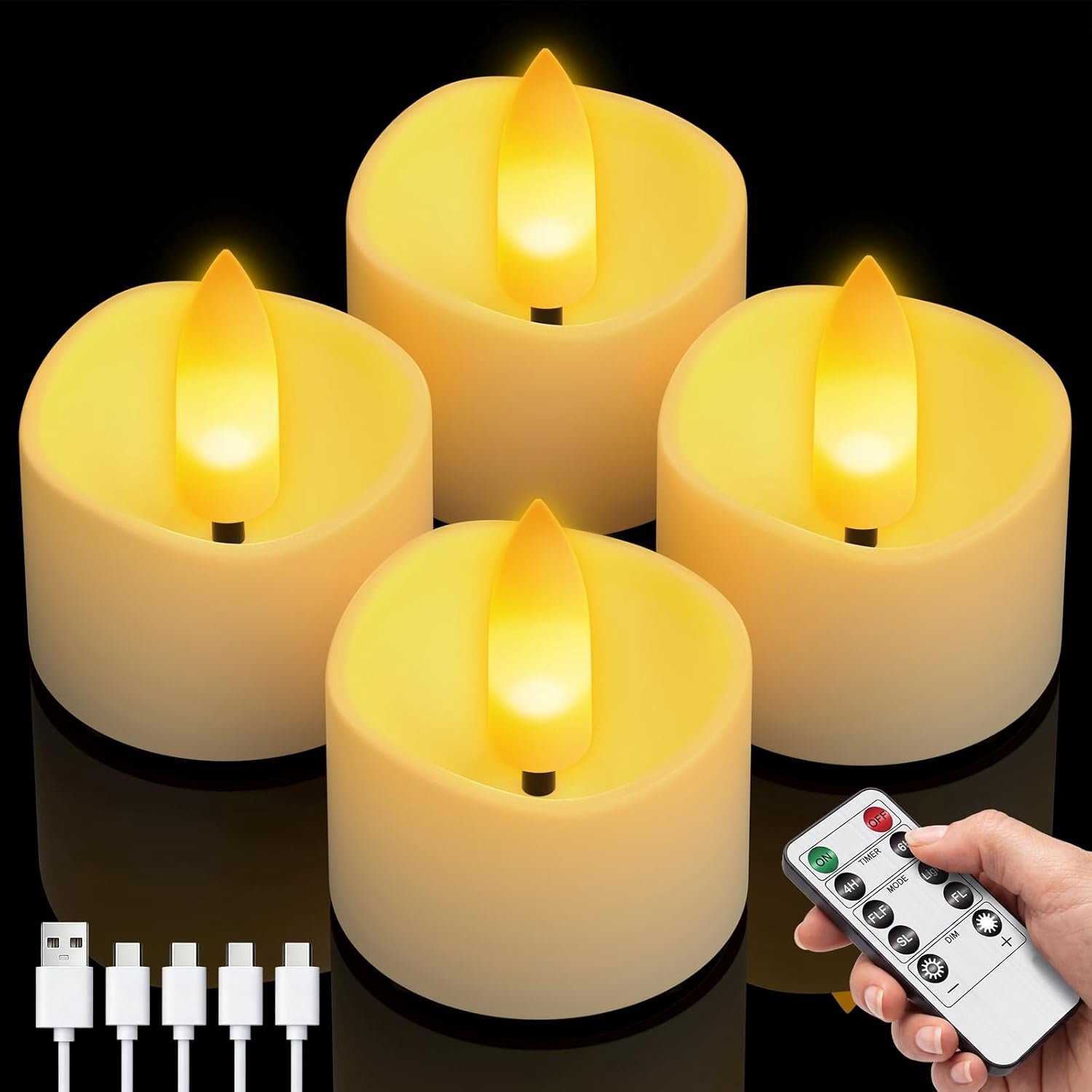 Oplaadbare Theelichtjes met Timer - 4 Stuks - Afstandsbediening - Gezellige sfeer - Homevero
