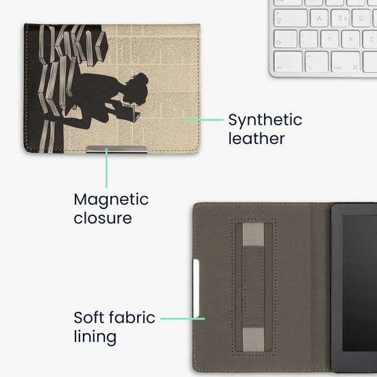 kwmobile e-reader hoesje geschikt voor Kobo Aura Edition 2 hoes - E reader flip case met magneetsluiting - Ereader cover - Meisje met boeken design in zwart / beige — afbeelding 2