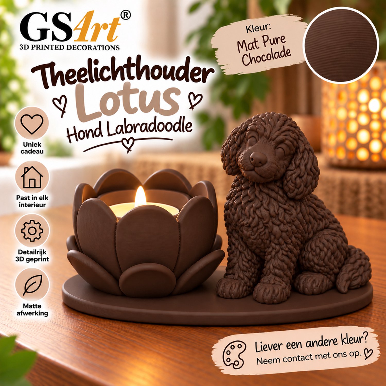 GSArt Theelichthouder Lotus Labradoodle Hond – LED – Mat Pure Chocolade