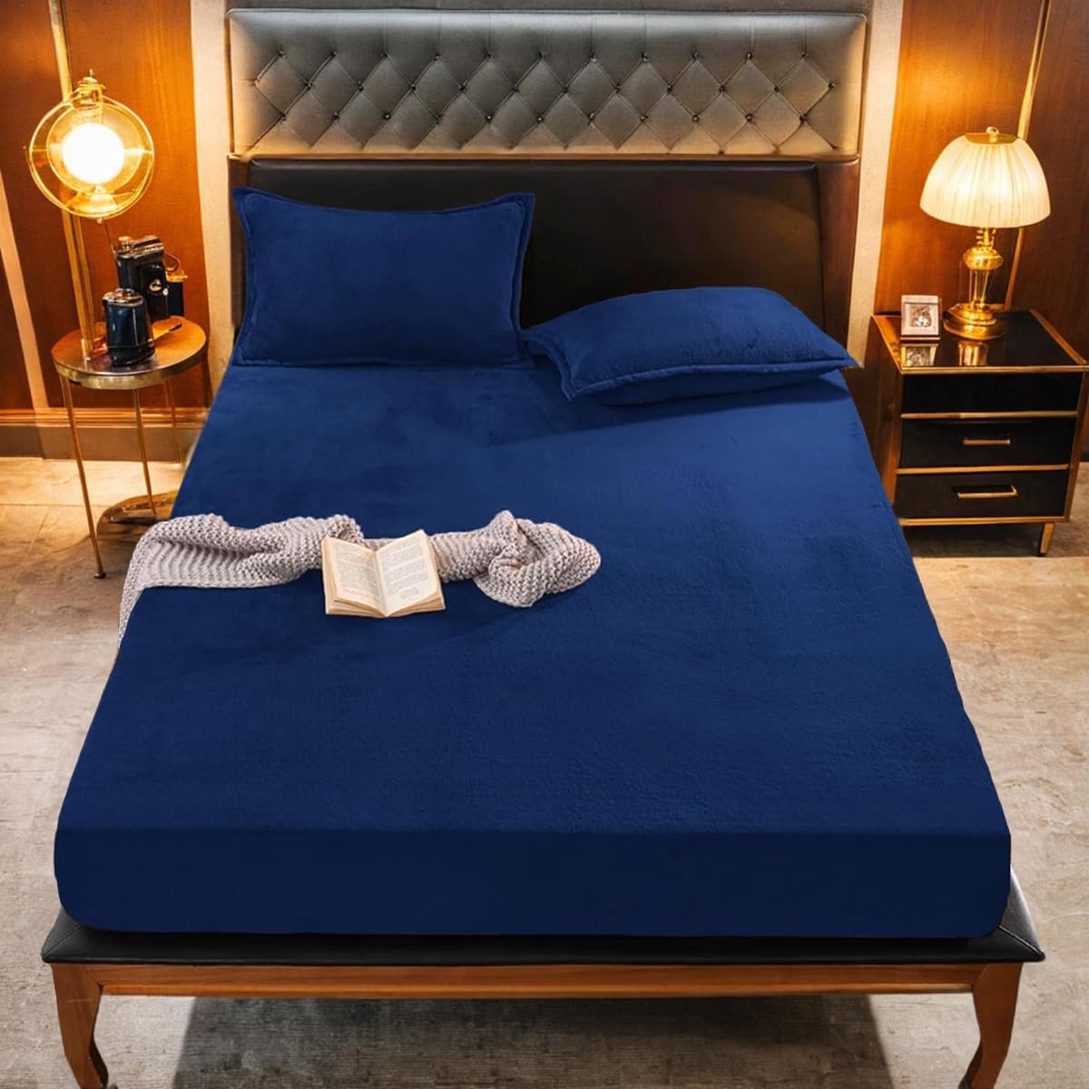 Hoeslaken pluche, warm, 160 x 200 cm, winter, blauw, flanel, kasjmier, touch, bedlaken, boxspring, fleece, fluweel, hoeslaken, wollig warm, comfortabel, geschikt voor matrassen van 25-30 cm