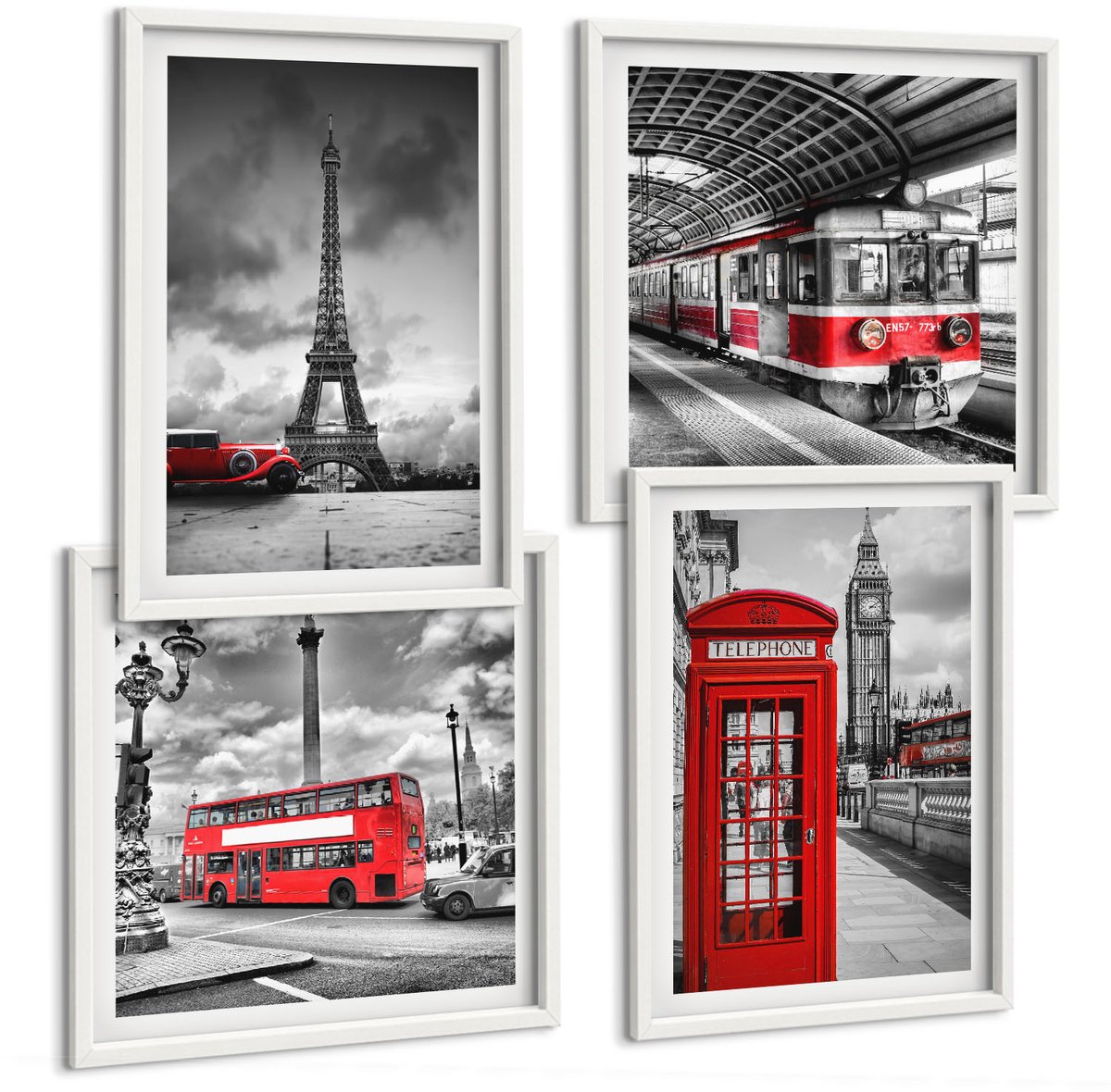 Coloray 4-Delige Schilderij Set - Iconische Steden: Londen, Parijs En Het Spoorvervoer - 40 x 40 En 40 x 60 - Moderne Wanddecoratie - Slaapkamer - Muurdecoratie