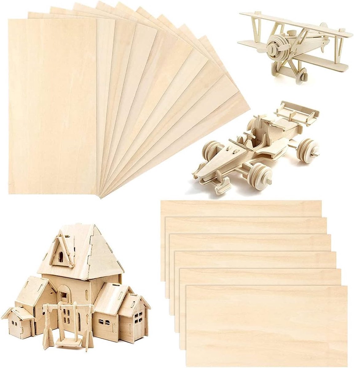 10 stuks (200 x 100 x 2 mm) dunne balsahouten platen, onbewerkt multiplex voor doe-het-zelf houten huis-, vliegtuig-, schip- en bootmodelprojecten