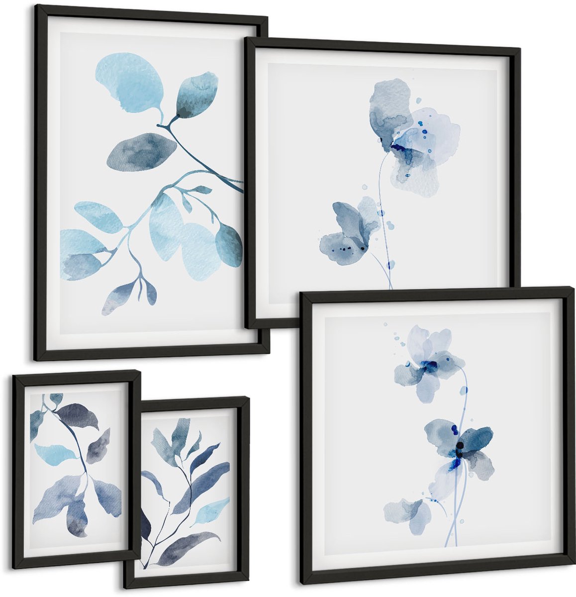 Coloray 5-Delige Schilderij Set - Botanische Accenten In Delicate Blauwe Tinten - 50 x 50 cm, 20 x 30 cm En 40 x 60 cm - Wanddecoratie - Schilderijen Set - Kantoor - Muurdecoratie