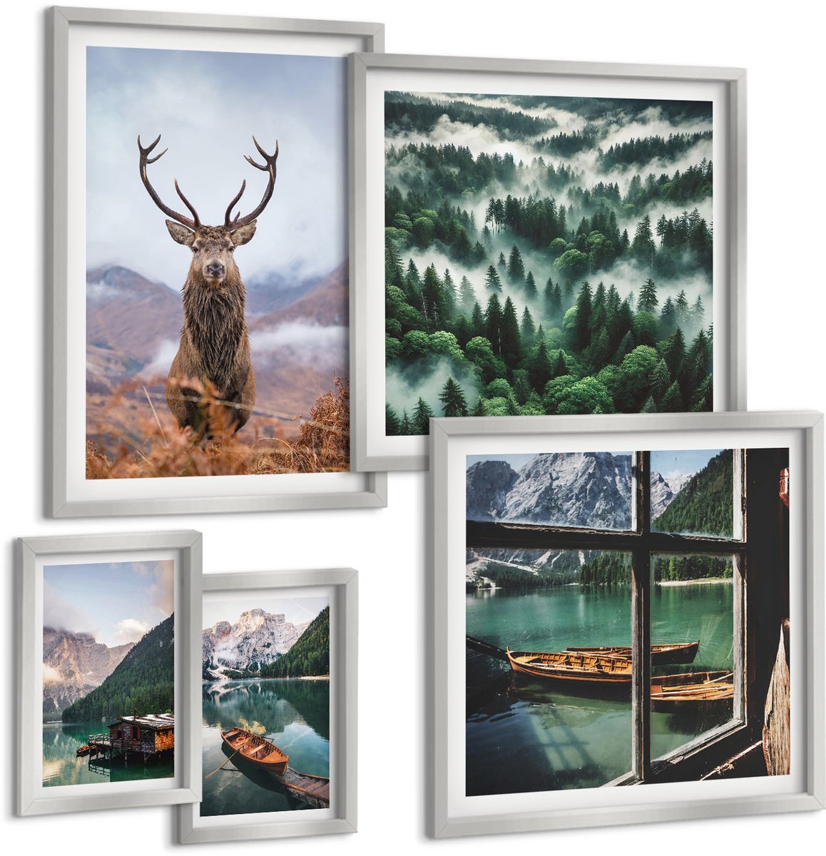 Coloray 5-Delige Schilderij Set - Berglandschap Met Een Meer, Een Boot En Een Bos In De Mist. - 20 x 30 cm - Wanddecoratie - Muurdecoratie - Moderne Interieurdecoratie - Woonkamer Decoratie