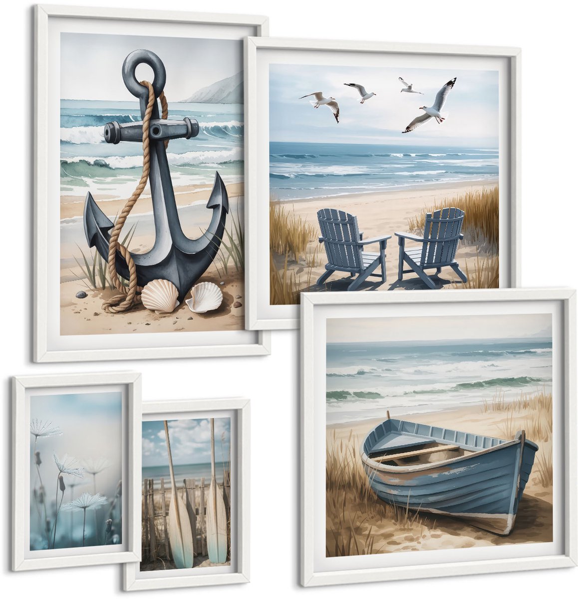 Coloray 5-Delige Schilderij Set - Inspiratie Voor Een Maritieme Stijl Met De Zee En Het Strand - 50 x 50 cm, 20 x 30 cm En 40 x 60 cm - Decoratieve Schilderijen - Woonkamer - Interieur - Woonkamer Decoratie