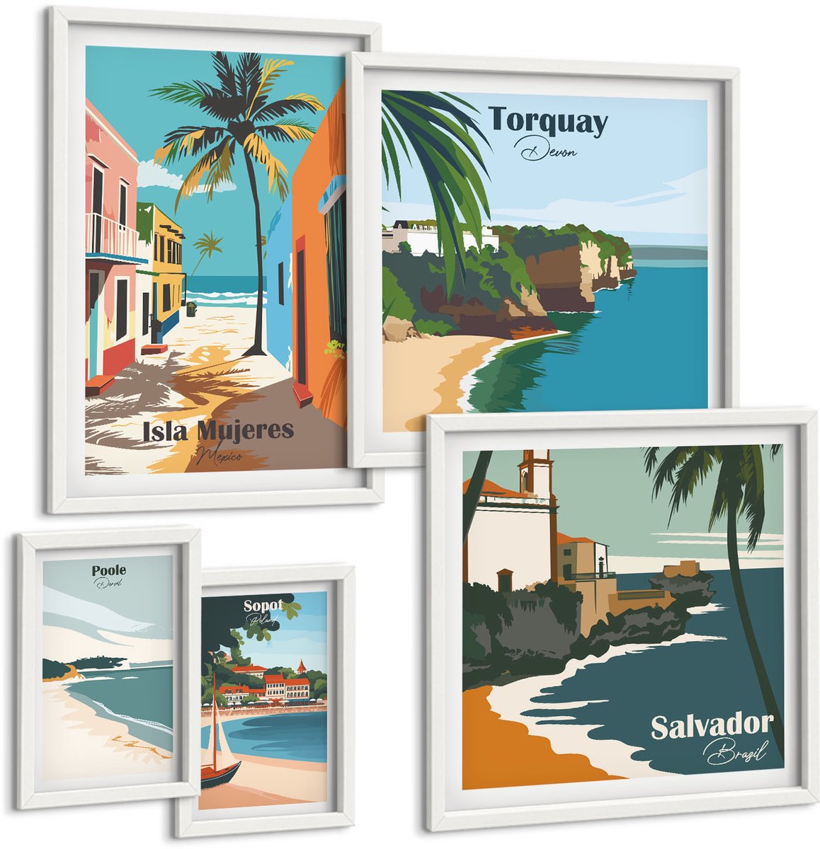 Coloray 5-Delige Schilderij Set - Kleurrijke Uitzichten Op Kustplaatsen En Stranden - 50 x 50 cm, 20 x 30 cm En 40 x 60 cm - Stijlvolle Wanddecoratie - Interieur - Decoratieve Schilderijen