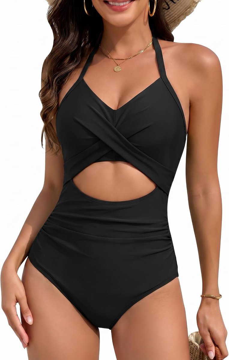 Badpak voor dames, sexy, V-hals, verstelbare slingbikini, push-up bikini, gevoerd, gebogen beha, hoge taille, eendelig, buikcontrole, strand, strandkleding