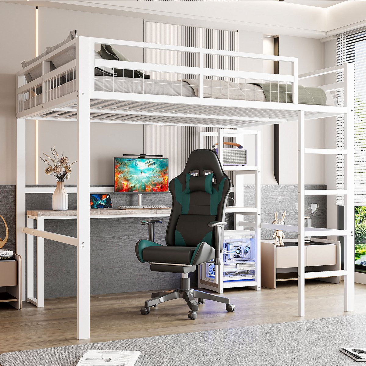Sweiko Hoogslaper - 140 x 200cm - Metalen frame - Opbergplank - Met bureau - USB/Type-C Oplaadaansluiting - Wit