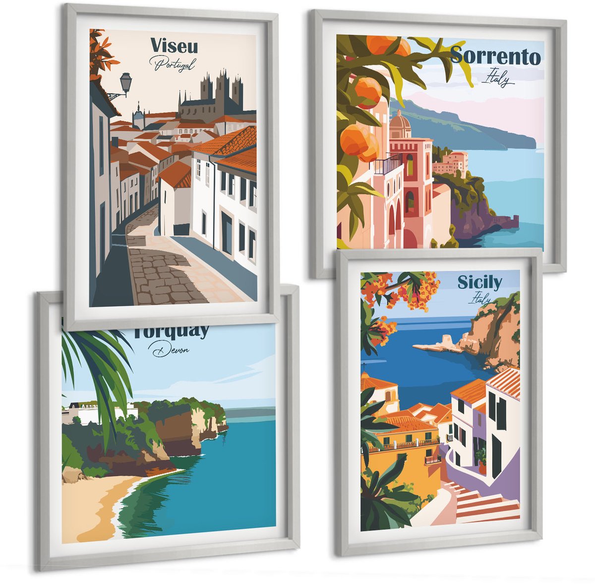 Coloray 4-Delige Schilderij Set - Retro-Illustraties Van Beroemde Steden Over De Hele Wereld - 40 x 40 cm En 40 x 60 cm - Muurdecoratie - Decoratieve Schilderijen - Wohnzimmer - Interieur Decoratie
