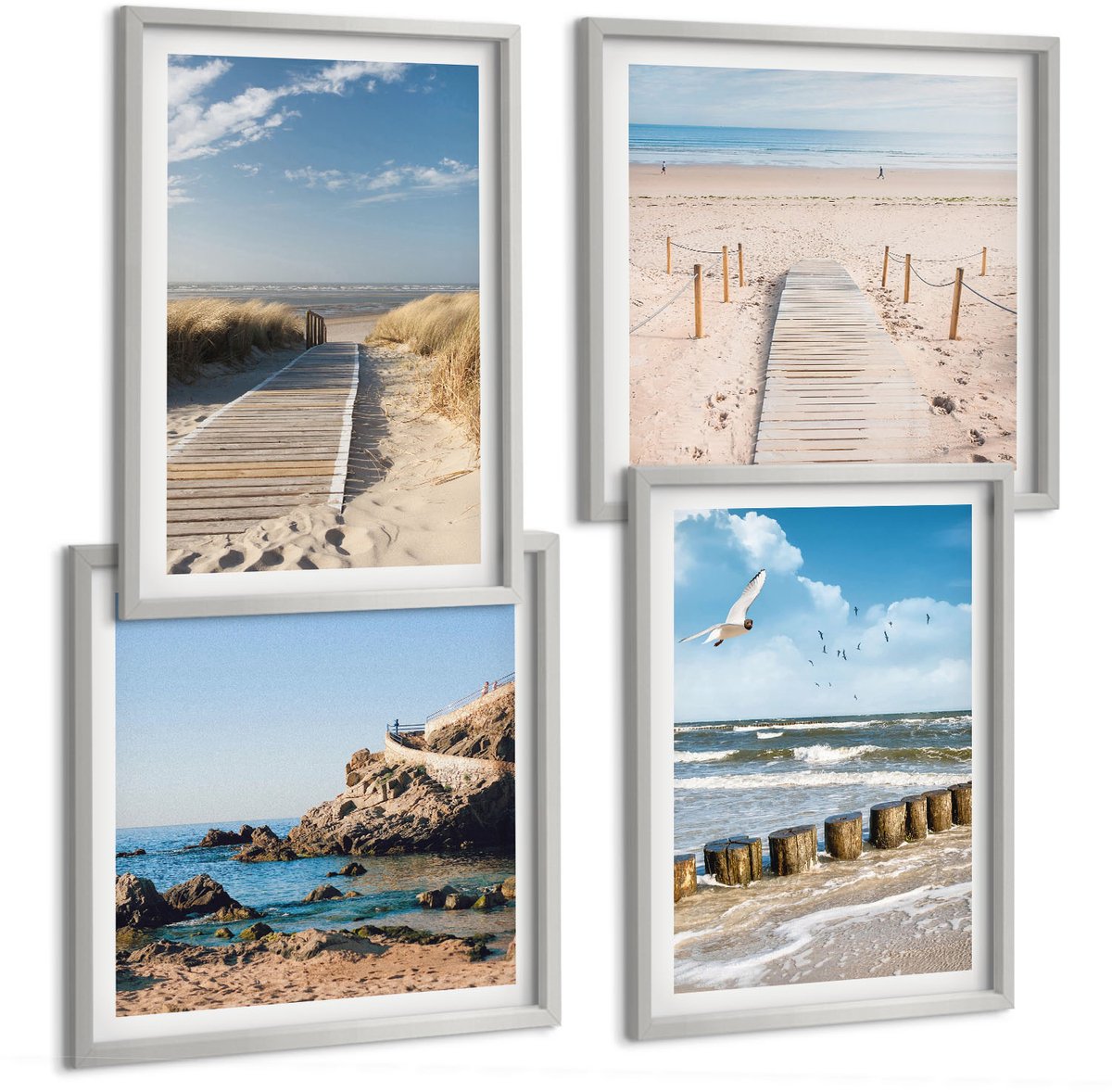 Coloray 4-Delige Schilderij Set - Strand Met Zand, Golven, Lucht En Vogels In De Lucht. - 40 x 40 cm En 40 x 60 cm - Muurdecoratie - Schilderijen Set - Woonkamer - Stijlvolle Muurdecoratie