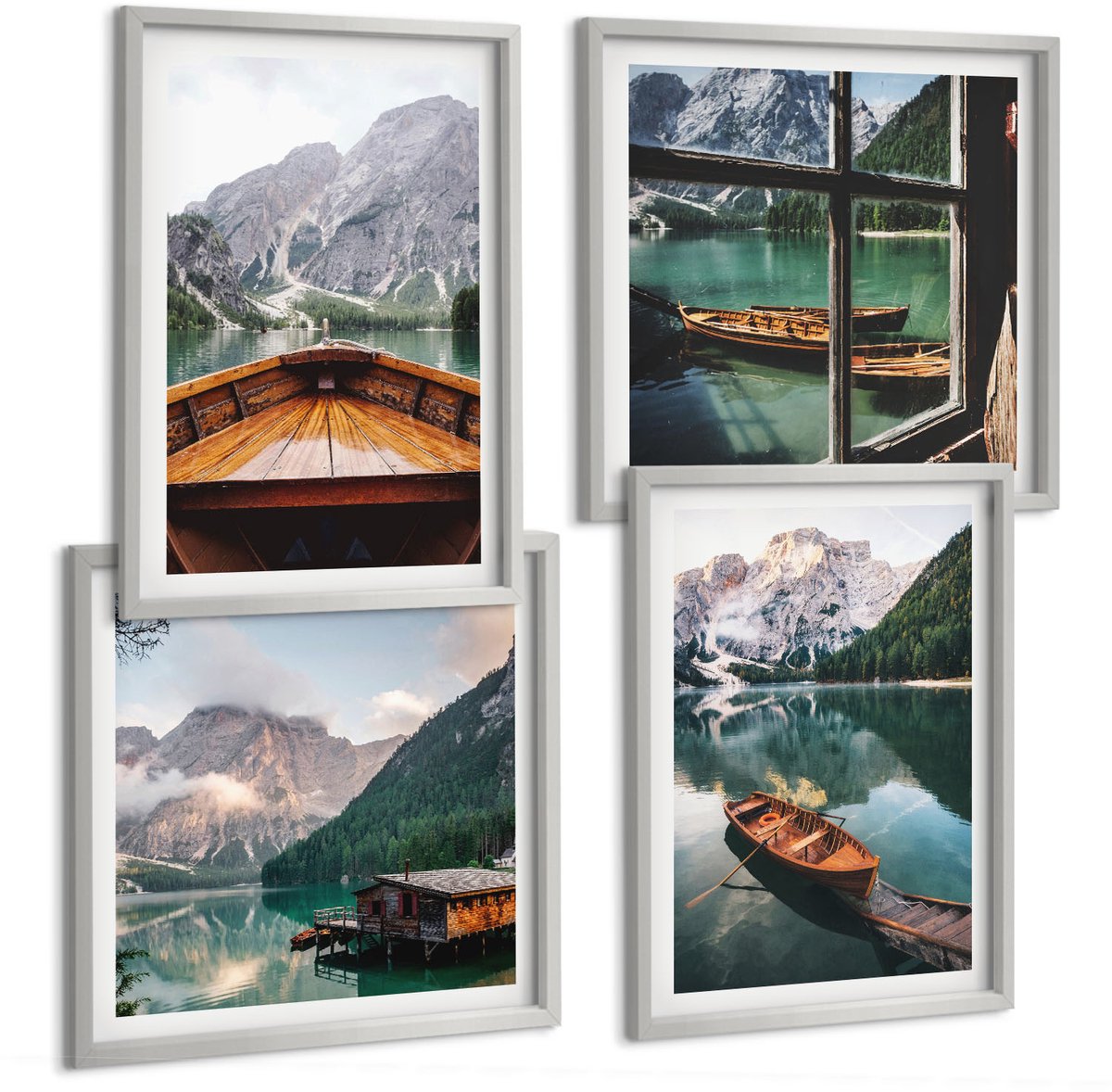 Coloray 4-Delige Schilderij Set - Uitzicht Op Een Bergmeer Met Boten, Een Huisje En Een Raam. - 40 x 40 cm En 40 x 60 cm - Muurdecoratie - Interieur Decoratie