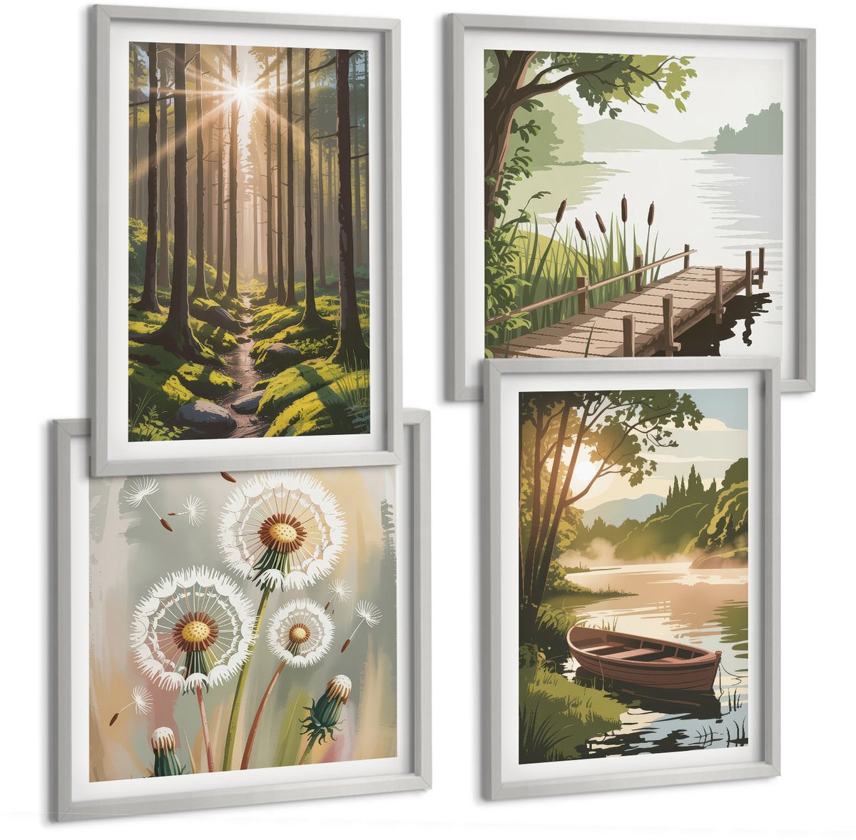 Coloray 4-Delige Schilderij Set - Rustige Landschappen Van Bos En Meer Met Een Boot - 40 x 40 cm En 40 x 60 cm - Wanddecoratie - Woonkamer Decoratie - Decoratieve Schilderijen