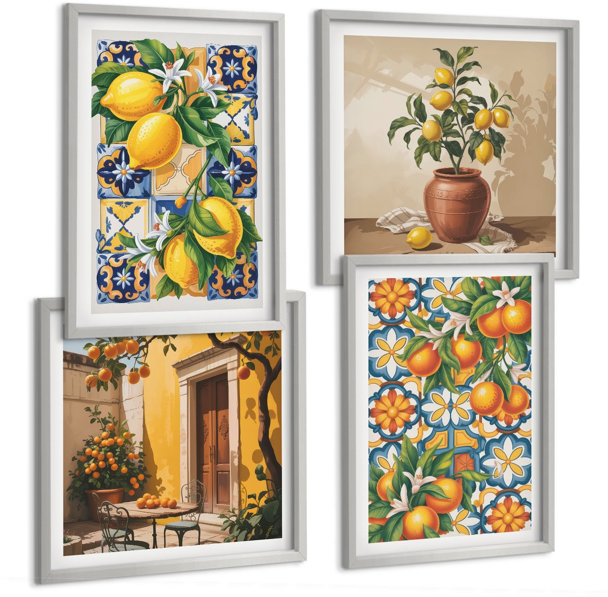 Coloray 4-Delige Schilderij Set - Citroen- En Sinaasappelbloemen In Kleurrijke Patronen - 40 x 40 cm En 40 x 60 cm - Muurdecoratie - Schilderijen Set - Woonkamer - Wanddecoratie