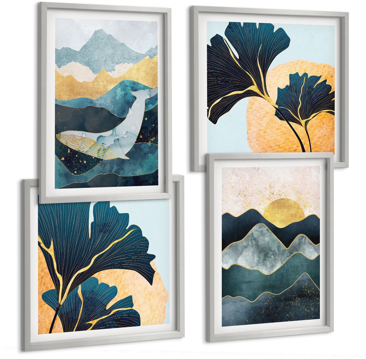 Coloray 4-Delige Schilderij Set - Abstracte Esthetische Vergezichten Met Bergen En Planten - 40 x 40 cm En 40 x 60 cm - Muurdecoratie - Schilderijen Set - Woonkamer - Moderne Wanddecoratie