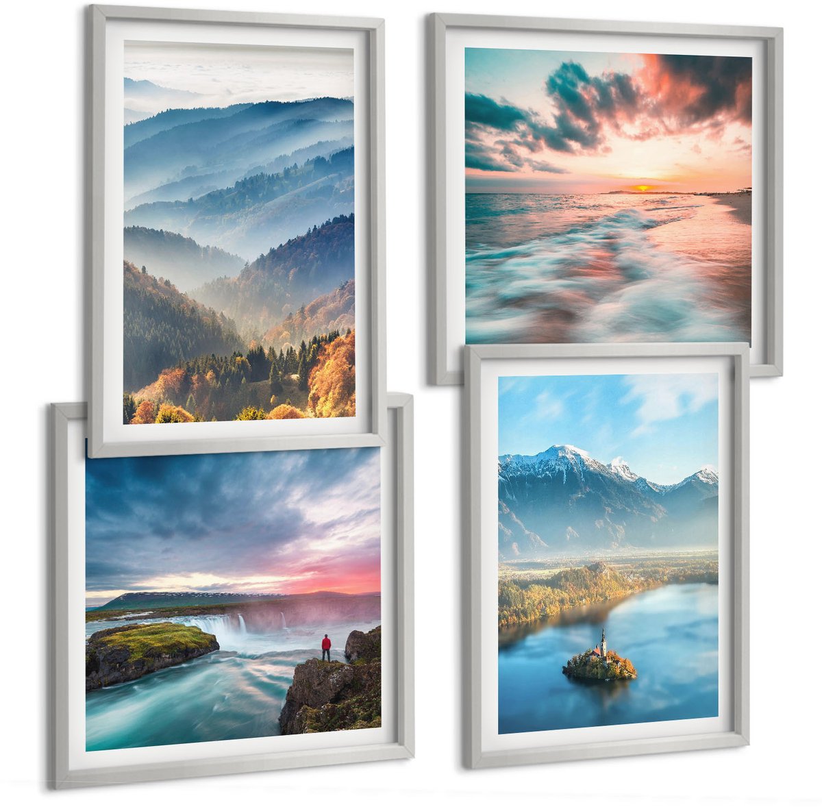 Coloray 4-Delige Schilderij Set - Schilderachtige Berglandschappen En Watervallen In De Natuur. - 40 x 40 cm En 40 x 60 cm - Moderne Wanddecoratie - Woonkamer - Woonkamer Decoratie