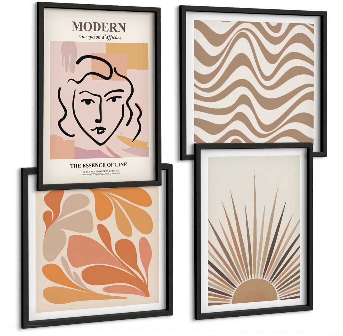 Coloray 4-Delige Schilderij Set - Zon Boho Pastel Abstracte Vormen Poster - 40 x 40 cm En 40 x 60 cm - Wanddecoratie - Muurdecoratie - Woonkamer - Stijlvolle Muurdecoratie Zwarte lijst