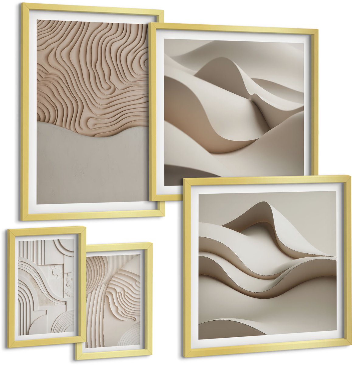 Coloray 5-Delige Schilderij Set - Abstracte Reliëfpatronen In Beigetinten - 50 x 50 cm, 20 x 30 cm En 40 x 60 cm - Wanddecoratie - Schilderijen Set - Kantoor - Decoratieve Schilderijen