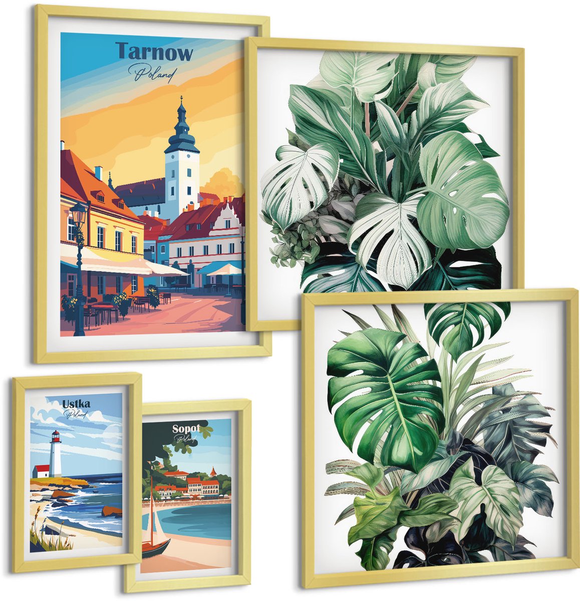 Coloray 5-Delige Schilderij Set - Poolse Kuststeden Met Plantmotieven - 50 x 50 cm, 20 x 30 cm En 40 x 60 cm - Wanddecoratie - Woonkamer Decoratie - Muurdecoratie