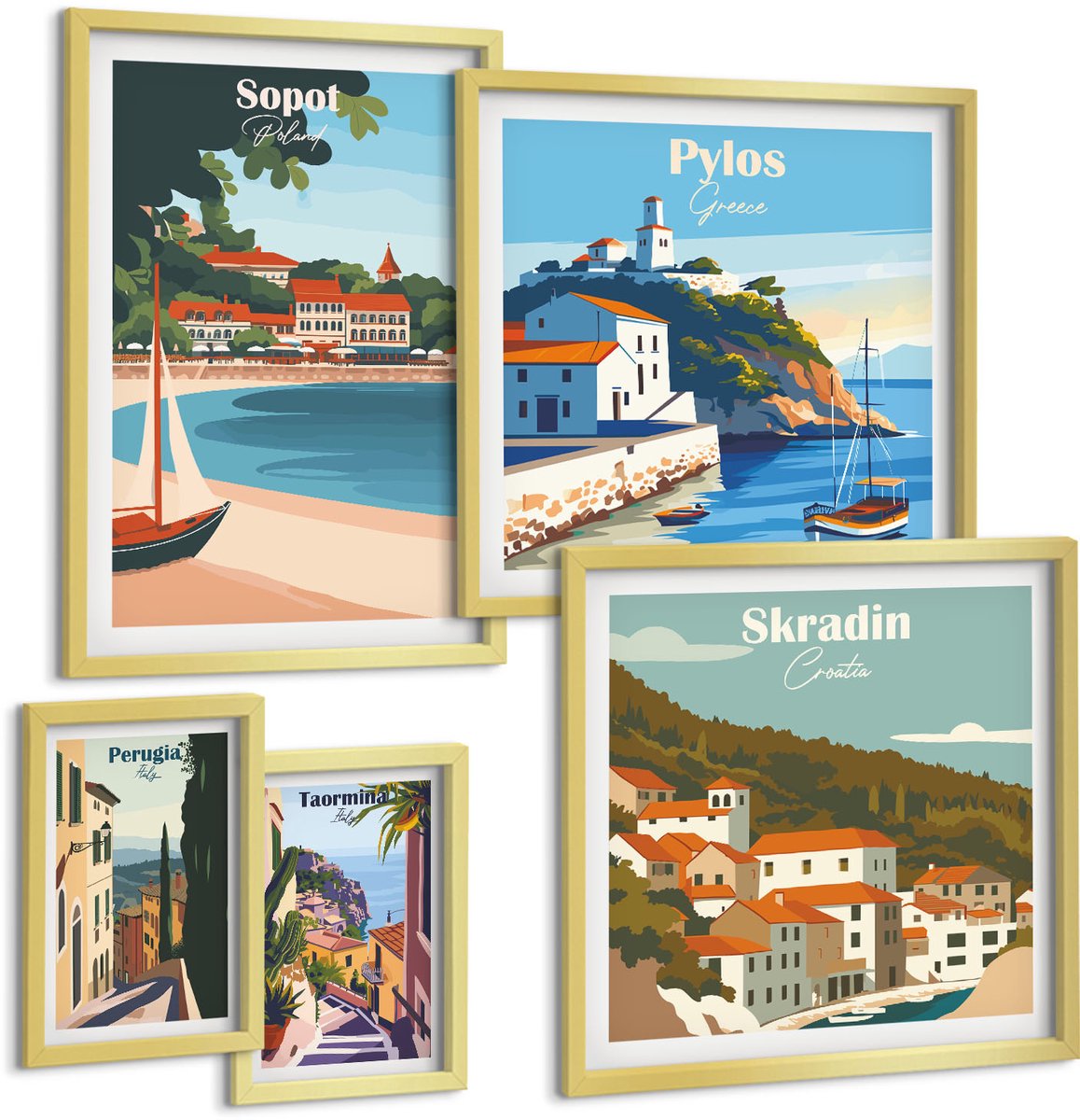 Coloray 5-Delige Schilderij Set - Landschappen Van Kustplaatsen In Retro- En Vakantiestijl - 50 x 50 cm, 20 x 30 cm En 40 x 60 cm - Muurdecoratie - Schilderijen Set - Woonkamer - Stijlvolle Muurdecoratie