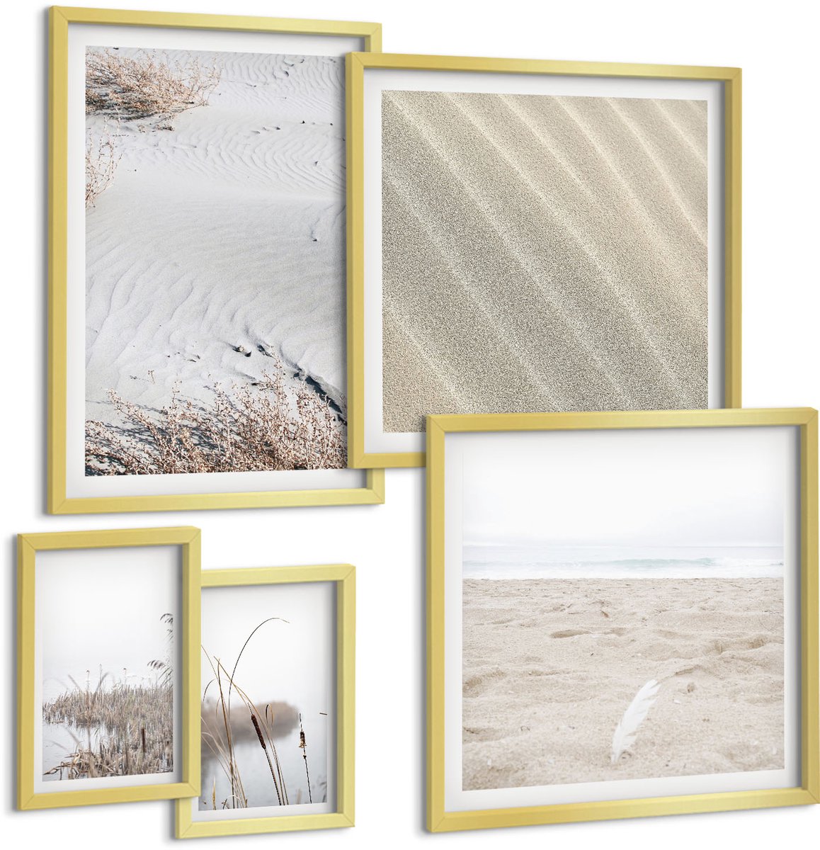 Coloray 5-Delige Schilderij Set - Minimalistische Strand-, Natuur- En Zandmotieven - 50 x 50 cm, 20 x 30 cm En 40 x 60 cm - Wanddecoratie - Woonkamer Decoratie - Muurdecoratie