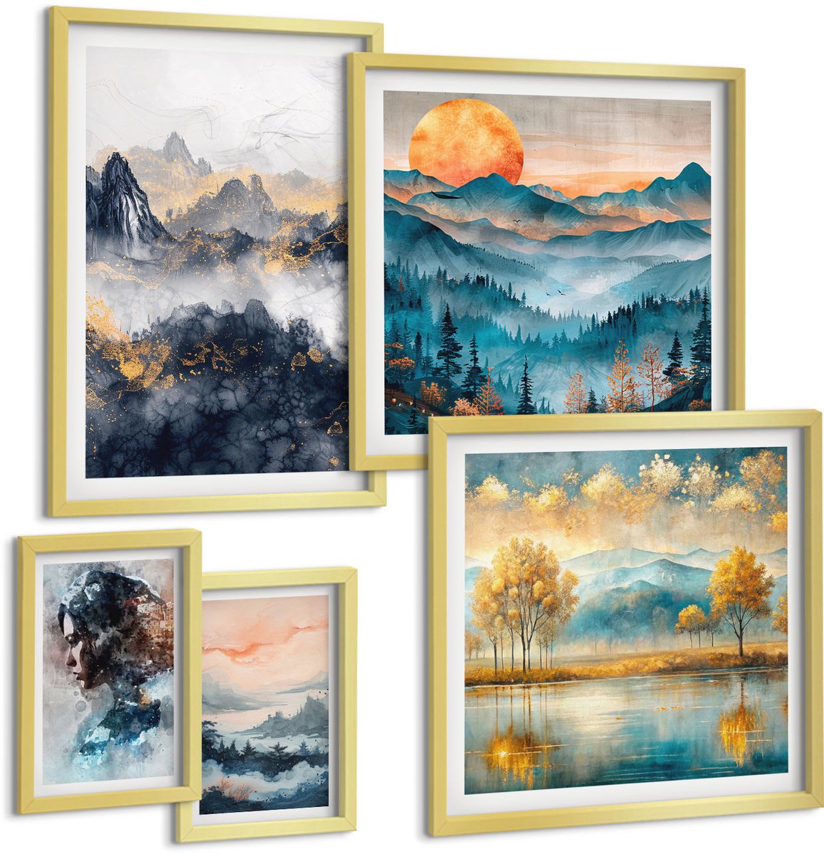 Coloray 5-Delige Schilderij Set - Berglandschappen Met Portretten En Natuurfoto'S - 50 x 50 cm, 20 x 30 cm En 40 x 60 cm - Stijlvolle Wanddecoratie - Interieur - Interieur Decoratie