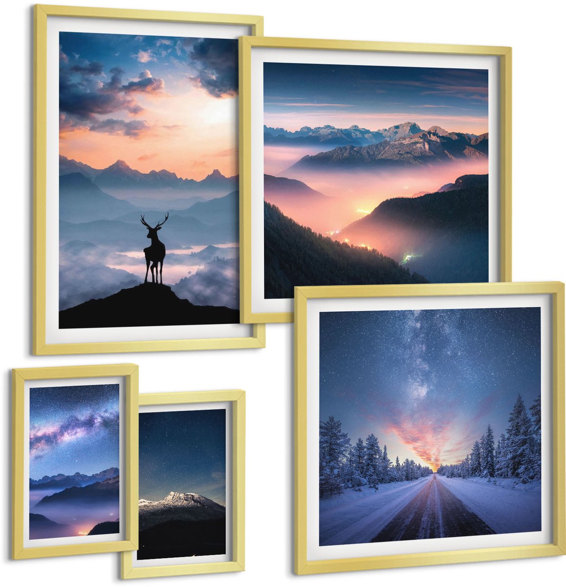 Coloray 5-Delige Schilderij Set - Berglandschappen Met Dieren In Het Wild En De Nachtelijke Hemel - 50 x 50 cm, 20 x 30 cm En 40 x 60 cm - Stijlvolle Muurdecoratie - Kantoor