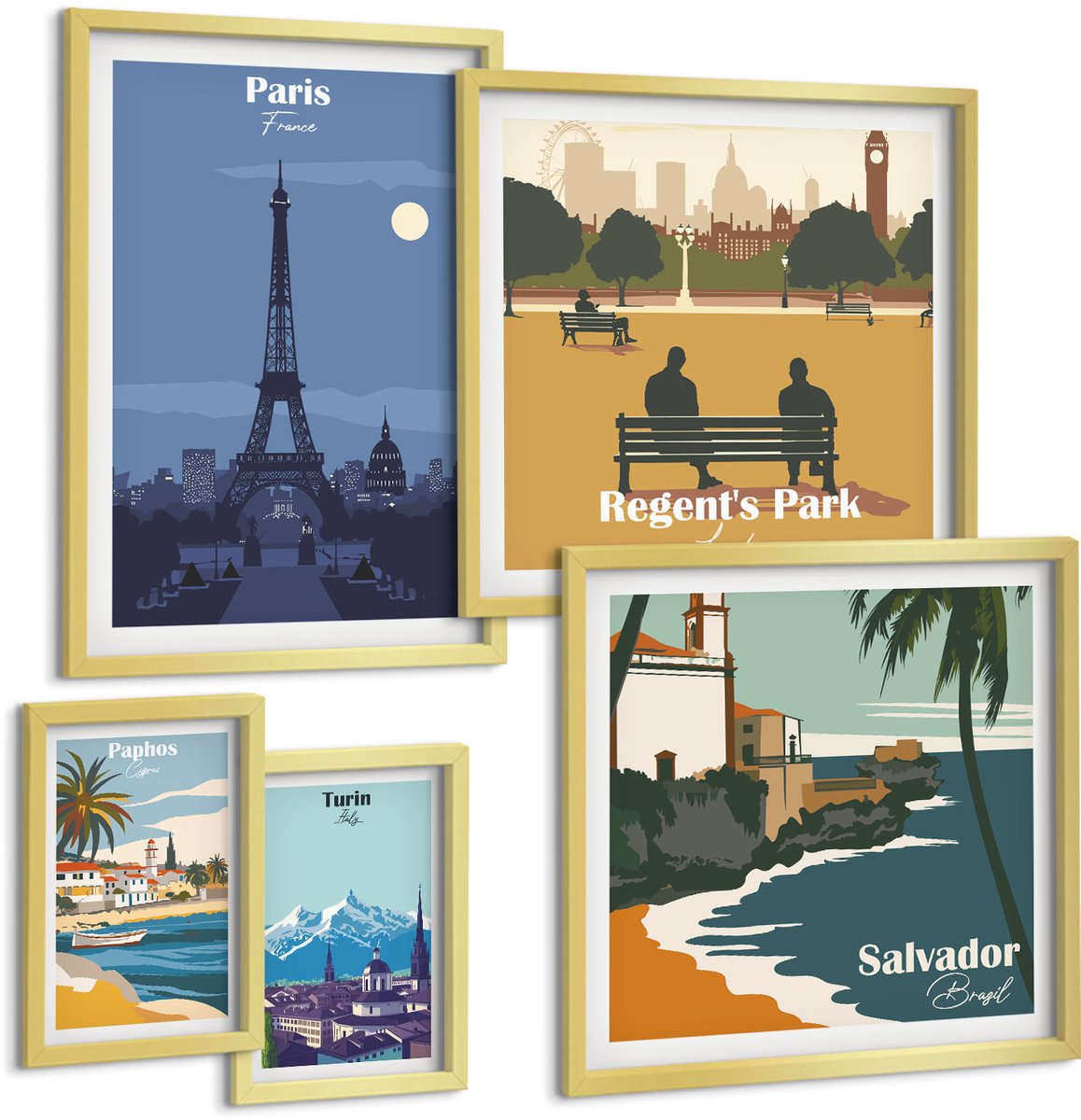 Coloray 5-Delige Schilderij Set - Europese Steden En Hun Retro Toeristische Iconen - 50 x 50 cm, 20 x 30 cm En 40 x 60 cm - Wanddecoratie - Muurdecoratie - Woonkamer - Woonkamer Decoratie