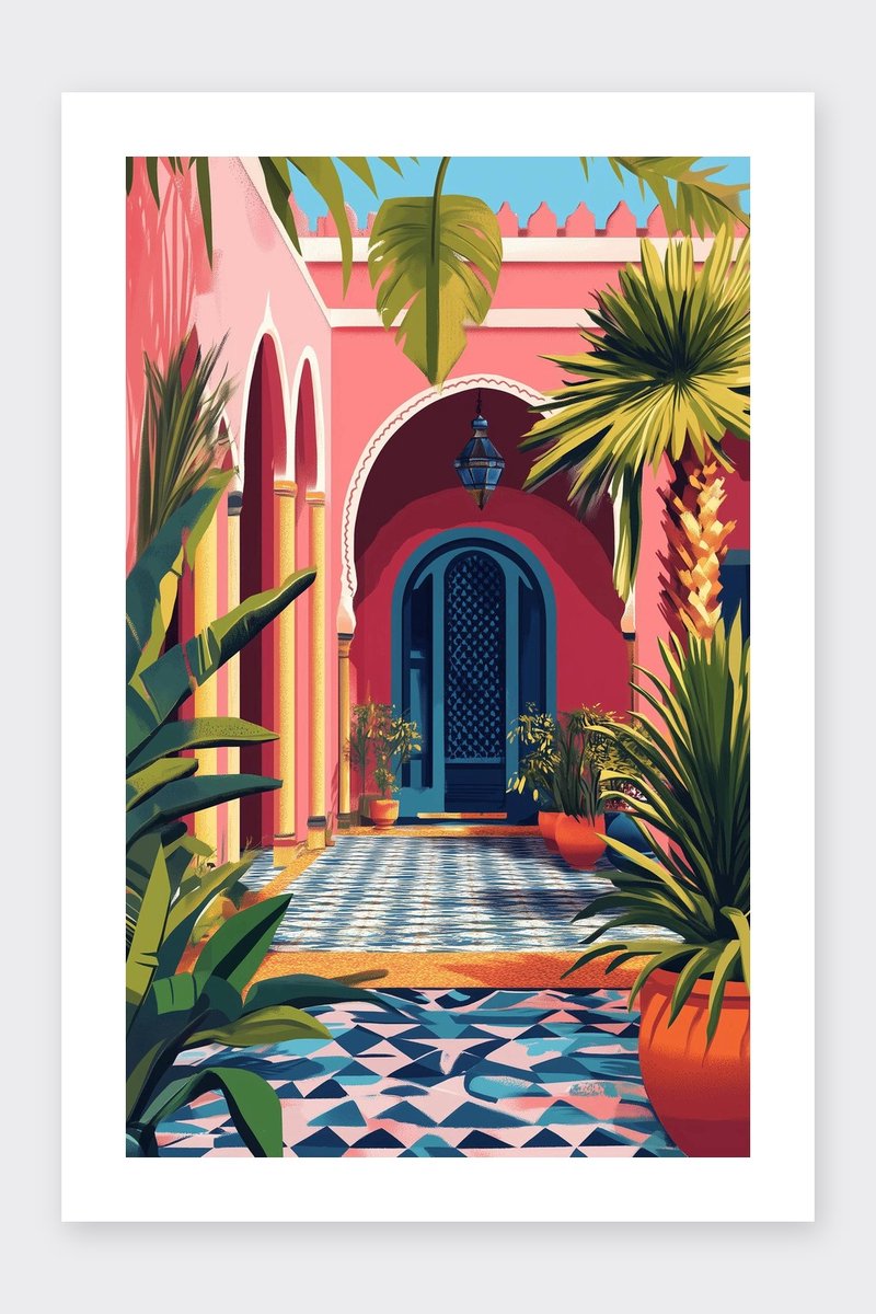 Marrakesh Poster - Huis - Marokko - Kunst - Kleurrijk - Planten - Architectuur - Morocco - posters - formaat 30x40cm - Wanddecoratie - BXS5461WV - Met kader - passe-partouts stijl