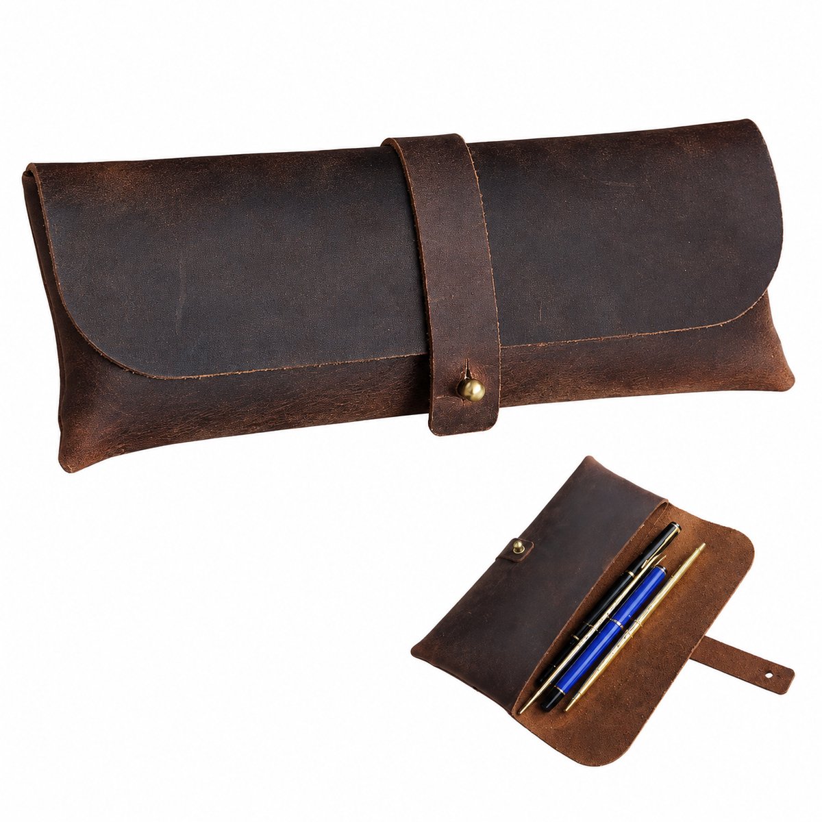 VHV - Leren Pennenzak - Etui in Retro Stijl - 21x8x3 cm - Pennenetui Grote Capaciteit Voor School, Kantoor,Cadeau gevens -Bruine