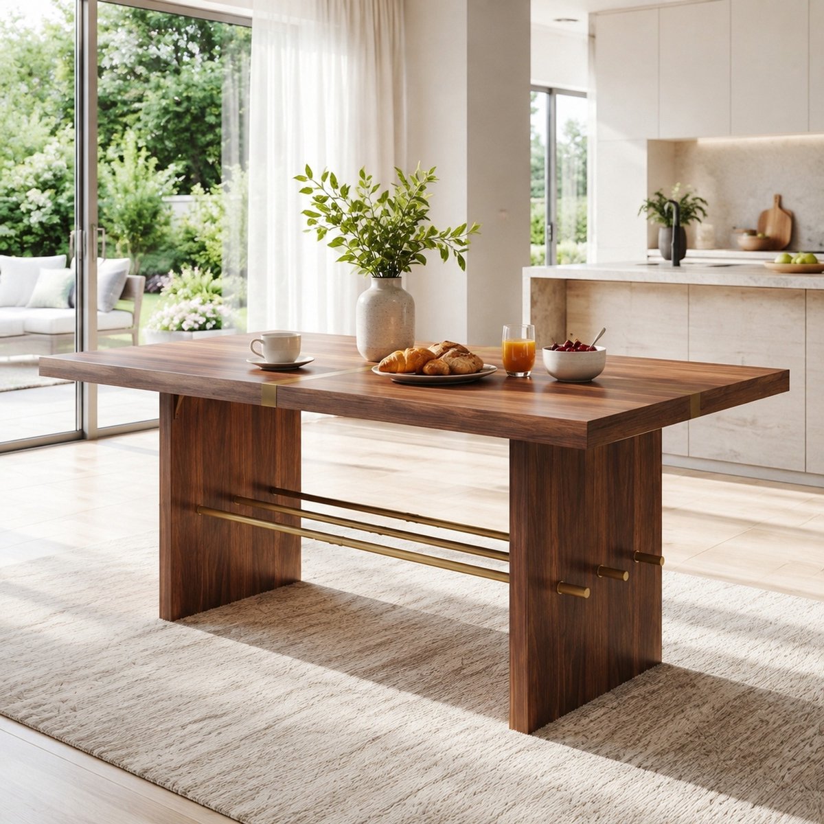REDOM - Eettafel - Rechthoekig tafelblad - Vaste constructie - Ondersteunende dwarsbalk - Modern - Eetkamer en woonkamer - MDF - Walnoot en goud - 180 x 75 x 75 cm