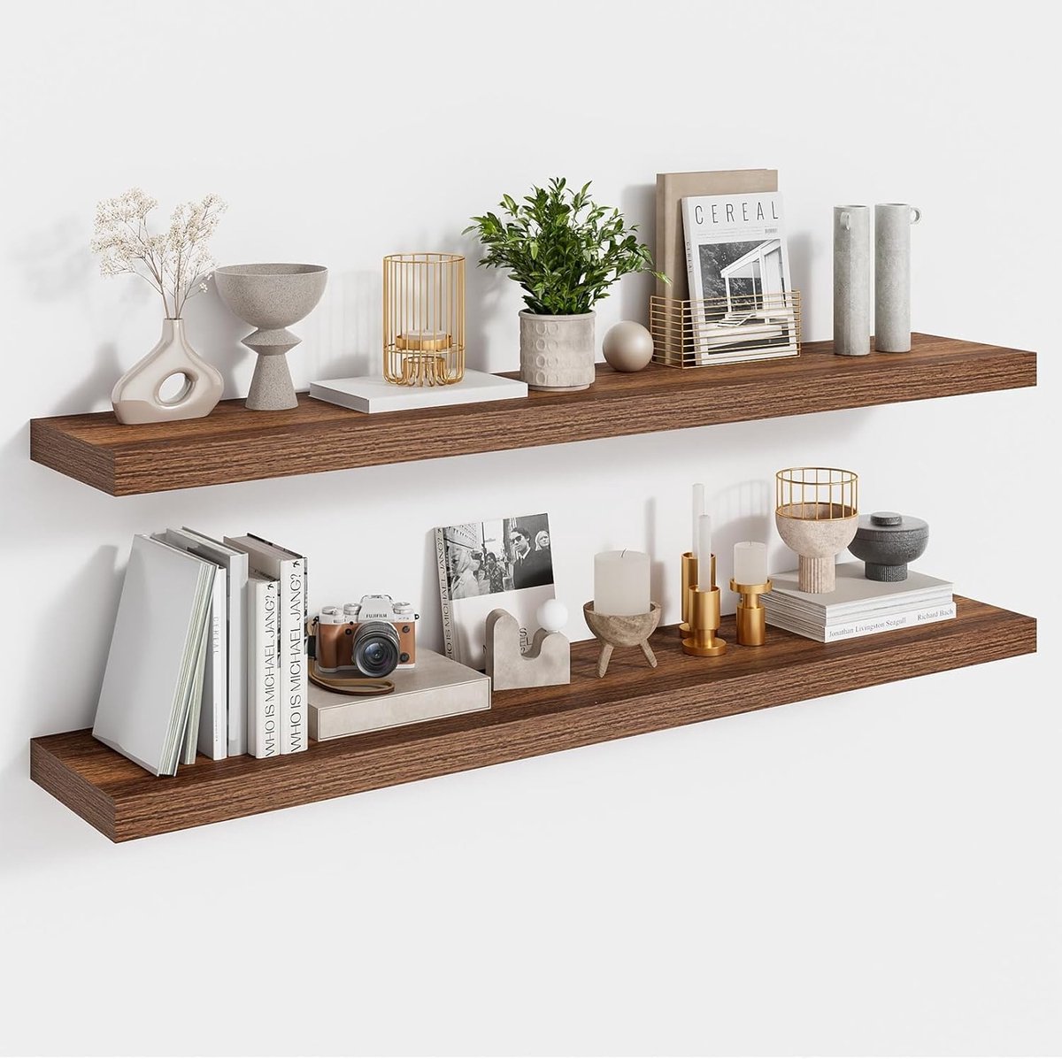 Wandplank Set van 2 Stuks, Zwevende Planken van MDF Hout voor Woonkamer, Slaapkamer en Badkamer, 90 cm Breed en 16,5 cm Diep, Donkerbruin 90 x 16,5 x 3 cm
