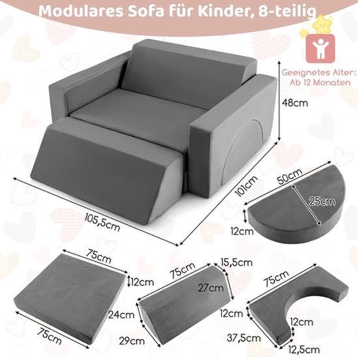 Modulaire Speelbank Kind – Zitzak Kinderen – Kinderbank Speelhoek – Speel Sofa – Zacht Speelmeubel – 8-delig – Afneembare Wasbare Hoezen – Makkelijk Te Monteren