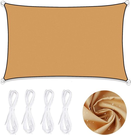 Rechthoekig beige schaduwdoek met witte touwen en close-up van waterafstotende stof.