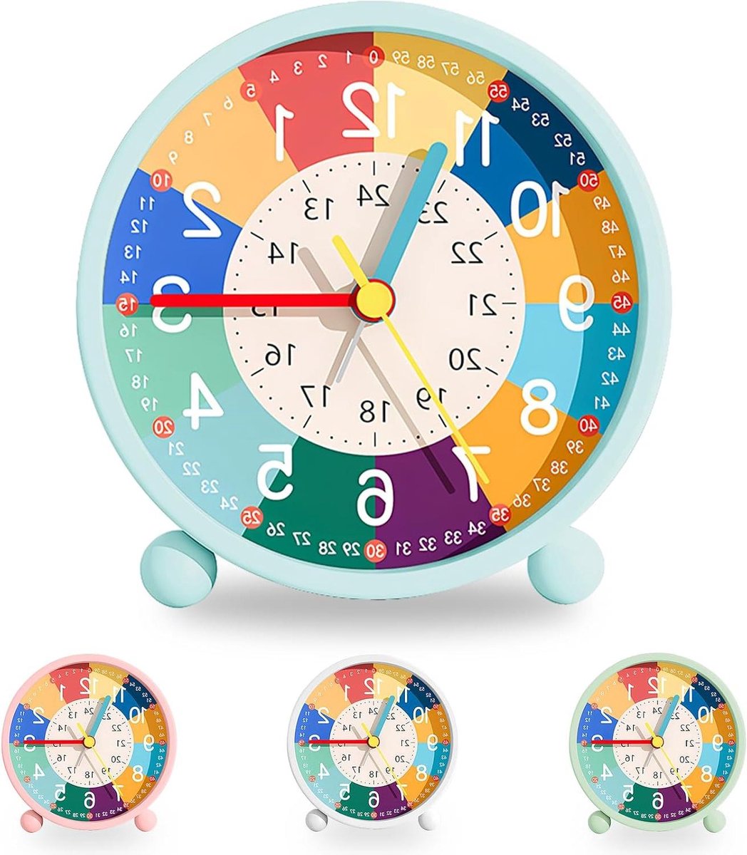 Kinderwekker Analoog - Kinderalarm Stil - Leren Klokkijken - Geen Tikkend Geluid - 11.5 cm Hoog - Blauw