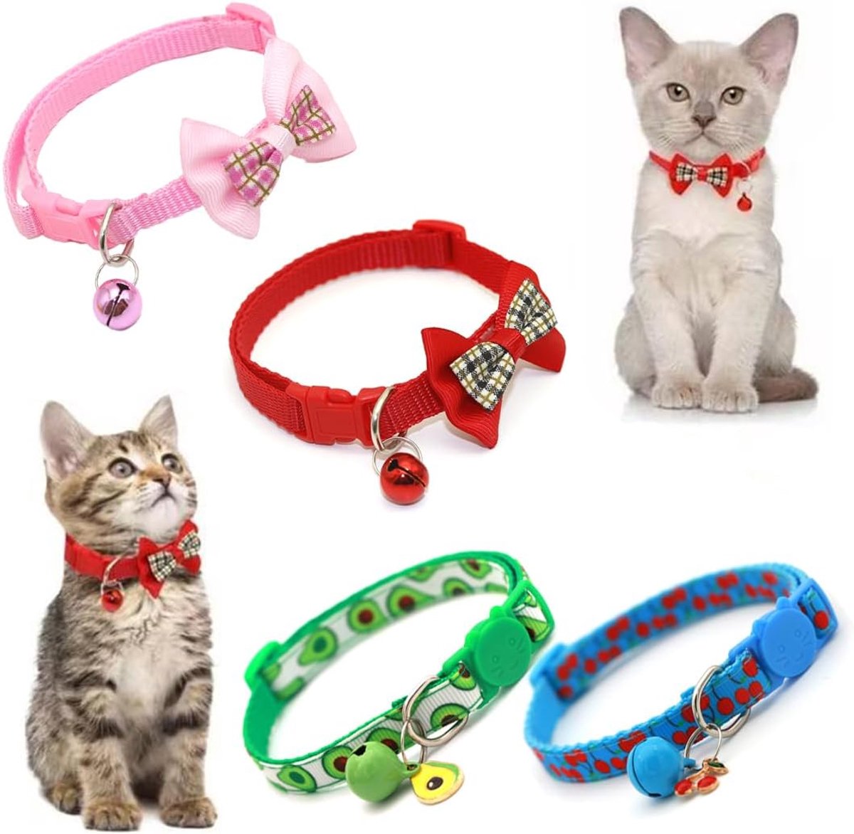 Dailygoods- Kattenhalsband met bel - Verstelbare Halsband - Veiligheidssluiting - Kattenhalsband met vlinderdas - 4 Stuks - Hoogwaardige Stof - Kattenband