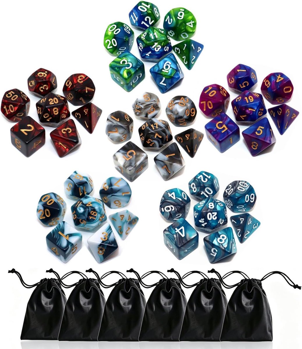 Dobbelstenen, set van 6 dubbele kleuren, D4, D6, D8, D10, D% D12, D20, compatibel met Dungeons and Dragons D&D RPG MTG, tafelspelen (42 stuks)