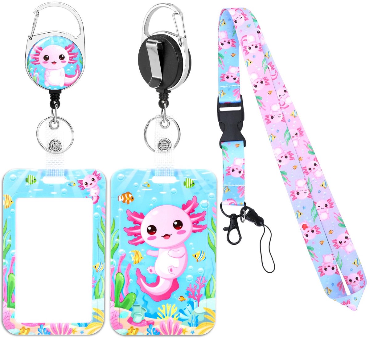 Axolotl Badgehouder met lanyard, ID-kaarthouder, intrekbare badge-haspel met karabijnhaak, ID-kaartbeschermer - ShopVlot