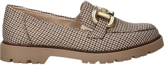Bruin-beige pied-de-poule loafer met goudkleurige bit en dikke zool.